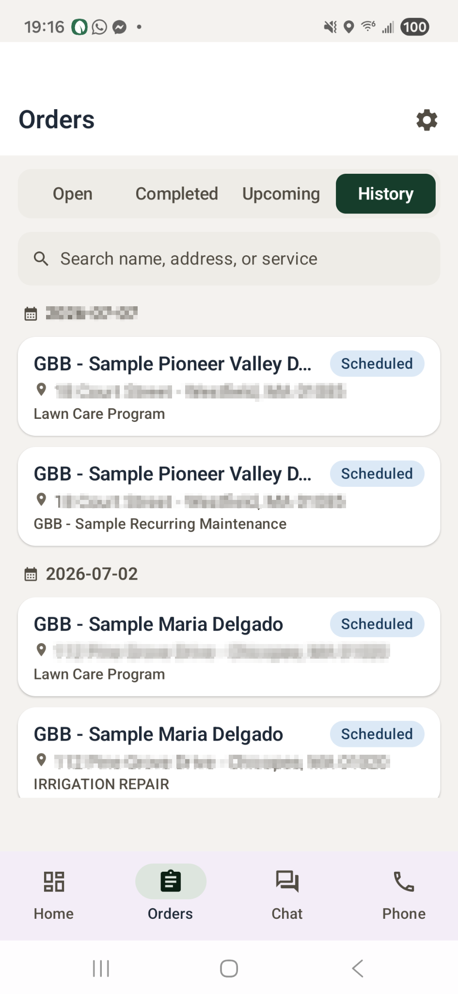Glide By Blade Android technician app showing the day's route