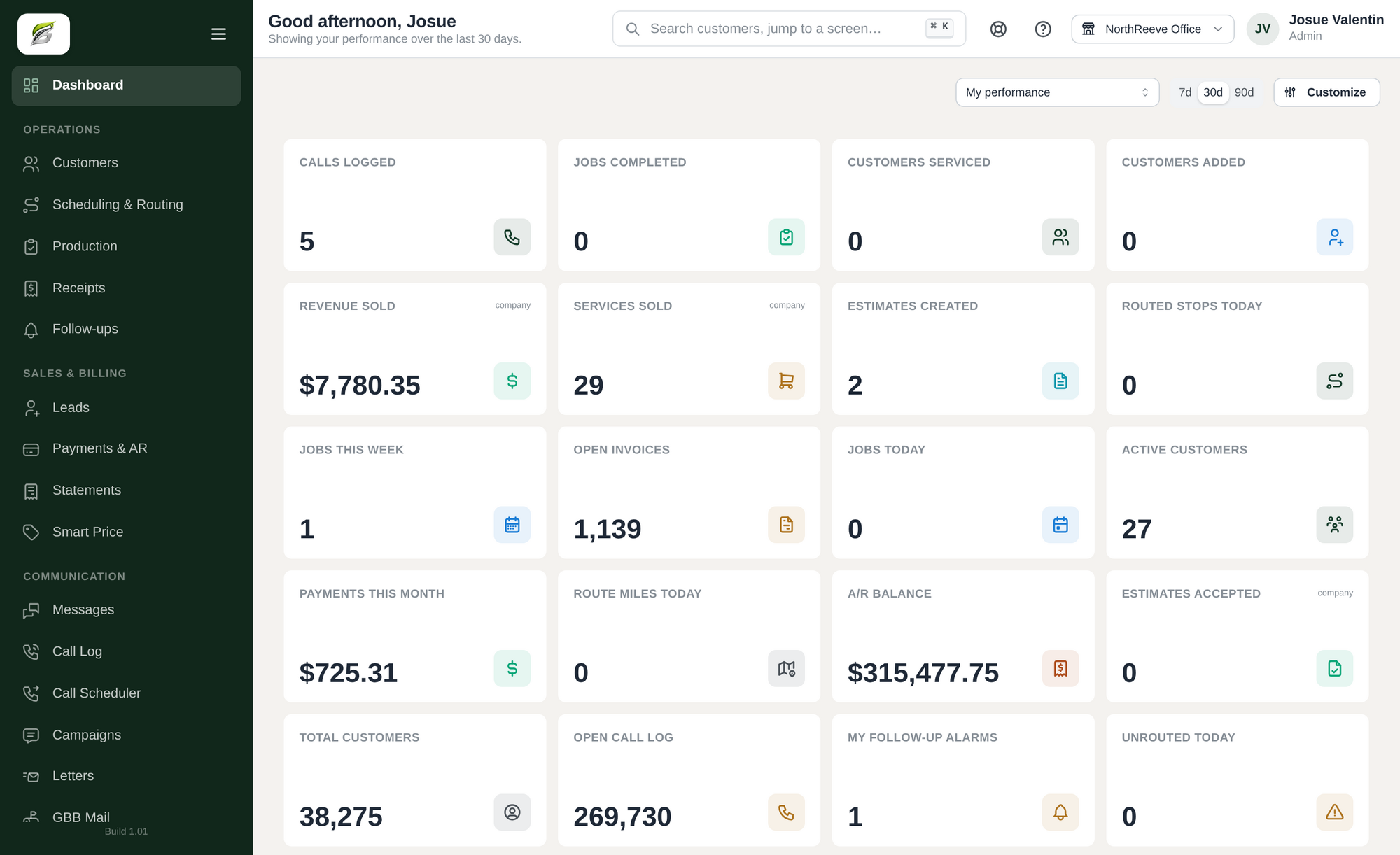 Glide By Blade office web app showing the scheduling and routing dashboard